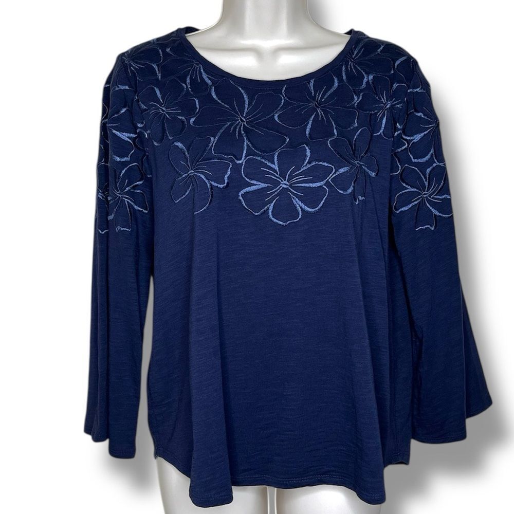 Chicos Blue Floral Embroidery Slub Knit 3/4 Sleeve Cotton Modal Top Women Medium